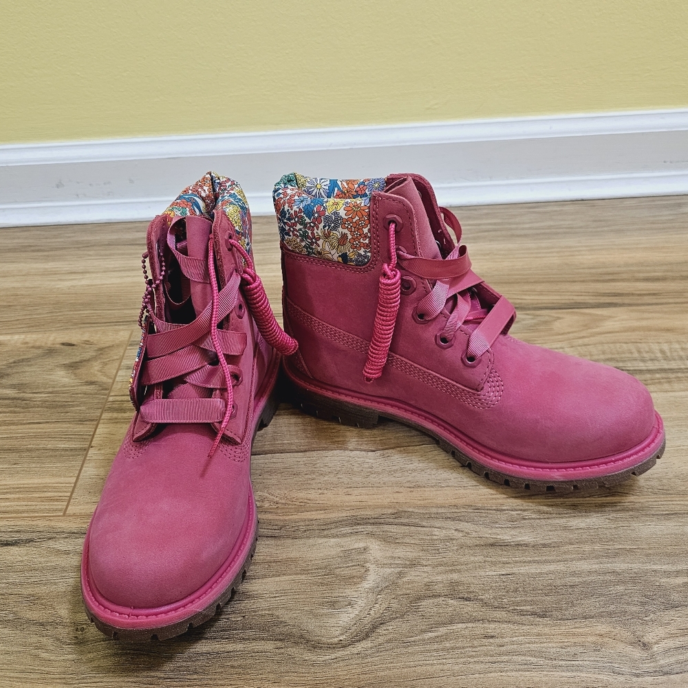 TIMBERLAND,LIBERTY OF LONDON 6 INCH PREMIUM WATERPROOF,MEDIUM PINK NUBUCK Size 7 - Picture 3 of 15